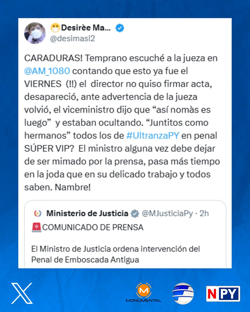 Telefuturo's tweet photo. 📌"'Juntitos como hermanos' todos los de #UltranzaPY en penal SÚPER VIP?", señala la ex legisladora Desirée Masi, tras el anunció de intervención del antiguo penal de Emboscada. "CARADURAS! Temprano escuché a la jueza en @AM_1080 contando que esto ya fue el VIERNES (!!) el director no quiso firmar acta, desapareció, ante advertencia de la jueza volvió", añadió.
#TelefuturoPy