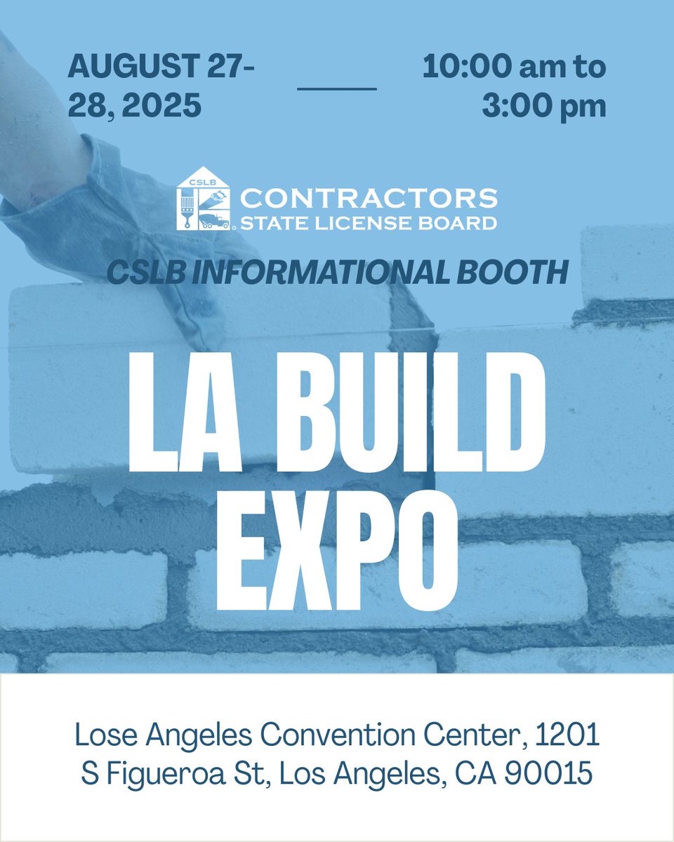 CSLB's tweet image. 📍Stop by the CSLB Booth!

📞 800-321-CSLB (2752)
🌐 cslb.ca.gov
#CSLB #ConsumerProtection #LicensedContractors #KnowBeforeYouHire