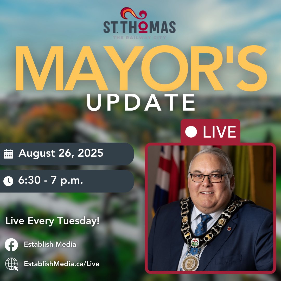 🔔 Live tonight: Mayor's Update!

Join Mayor Preston in an open forum as he chats about what's happening in our beautiful city!

📅 Tuesday, August 19, 2025
⏰ 6:30pm

Join live by following the link below:
👉 facebook.com/establishmedia

#TheRailwayCity #StThomasON #MayorsUpdate
