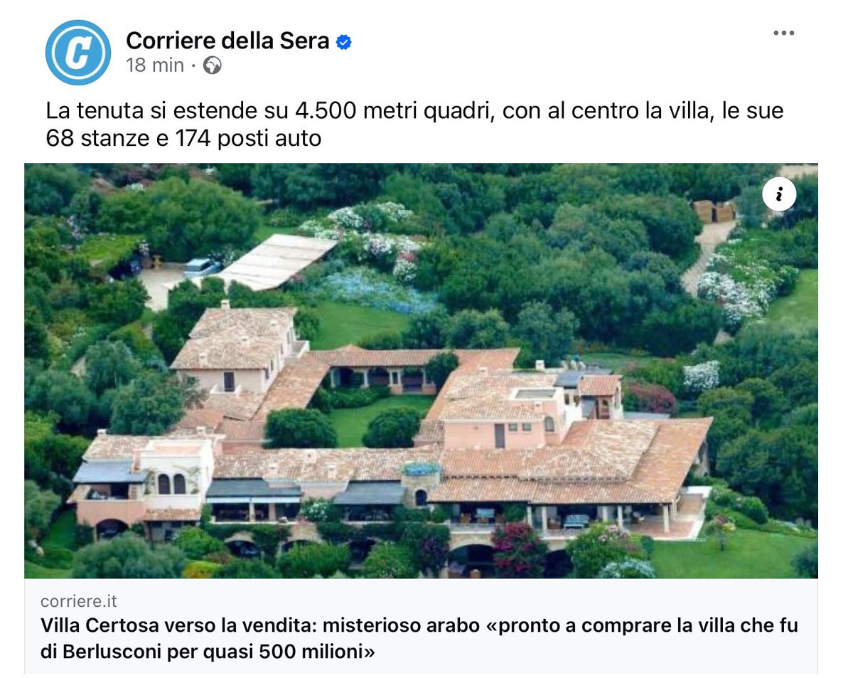 Alberto Belfiori (@albertobelfiori) on Twitter photo Pensare che la tenuta di Villa Certosa si estende dentro un rettangolo di 75 x 60 metri =4500 metri mi sembra leggermente riduttivo.
<a href="/Corriere/">Corriere della Sera</a>
👇👇👇👇 Pensare che la tenuta di Villa Certosa si estende dentro un rettangolo di 75 x 60 metri =4500 metri mi sembra leggermente riduttivo.
<a href="/Corriere/">Corriere della Sera</a>
👇👇👇👇