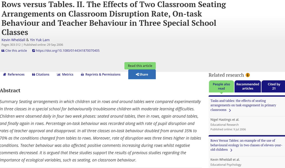 I cannot get enough of the research on classroom seating arrangements

It's just a prime example of how progressive, "student-centered" education promises much but ultimately fails

When desks move from groups to rows, on task behavior DOUBLED

Conversely, rates of disrupted