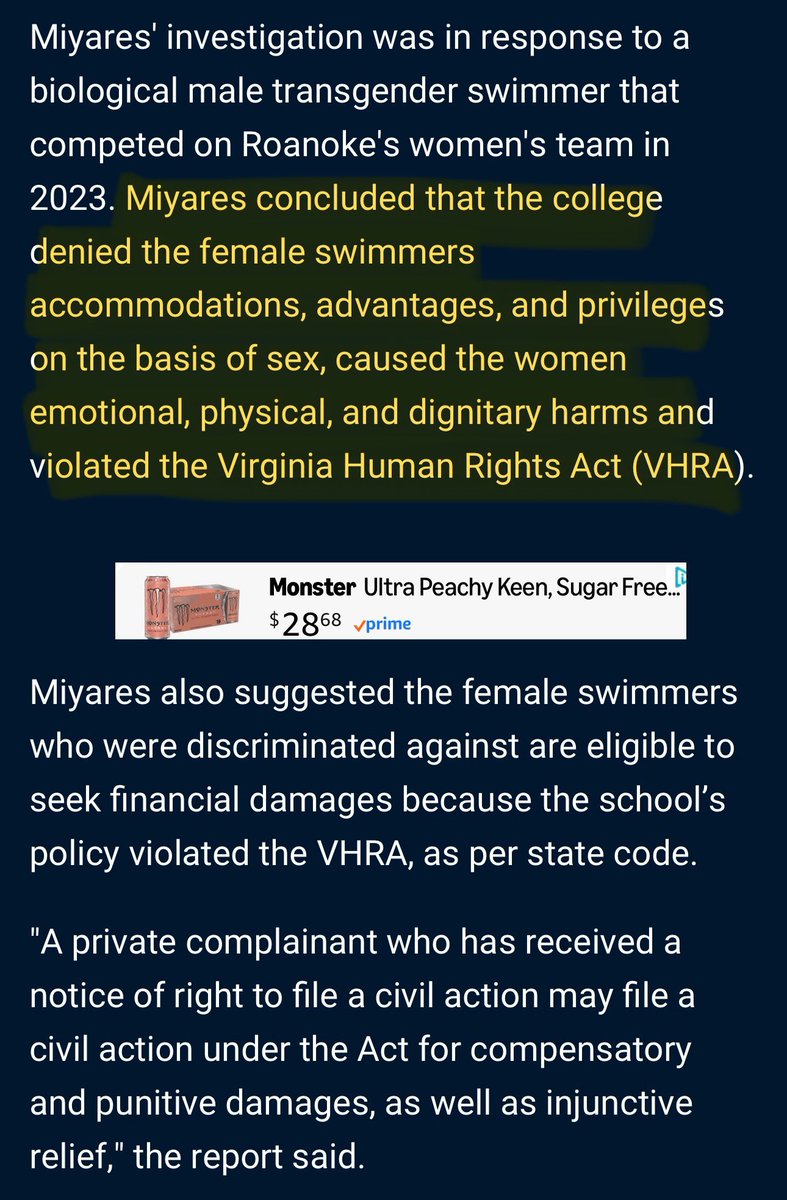 - A man at Roanoke college switched from the men's team to the women's team
- The women's concerns and rights were ignored. Worse, they were punished
- AG Miyares concludes the college violated the Virginia Human Rights Act

Another college goes down. Fantastic!👏🏼