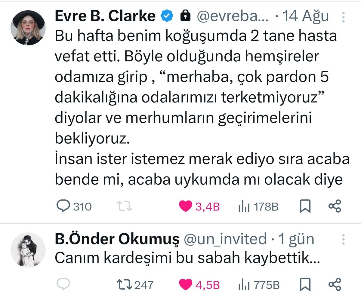 Ölüme adım adım gidişini uzaktan takip ettiğim <a href="/evrebasak/">Evre B. Clarke</a> İki senedir ilk önce senin paylaşımlarna bakmak alışkanlk olmuştu. 3-4 hafta sonra gidiyorum, demen benim bile kalbimi acıtırken ölümü nasıl böyle cesur karşıladn sen? Hala kalkıp bunu da anlatacaksn gibi bakıyorum sayfana