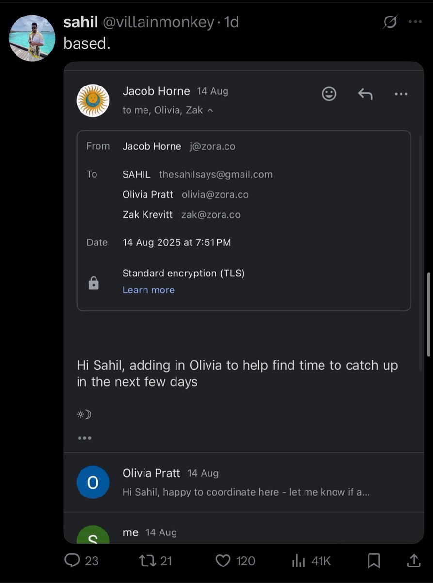 <a href="/js_horne/">$jacob</a> <a href="/crystaltaixyz/">Crystal Tai</a> <a href="/zora/">$zora</a> Why did your team and Jesse from Coinbase engage at all with Sahil to begin with?

His list of celebrity coin rug pulls on Solana is well documented on X by CT and on YT by Coffeezilla so a quick search would have revealed warnings.