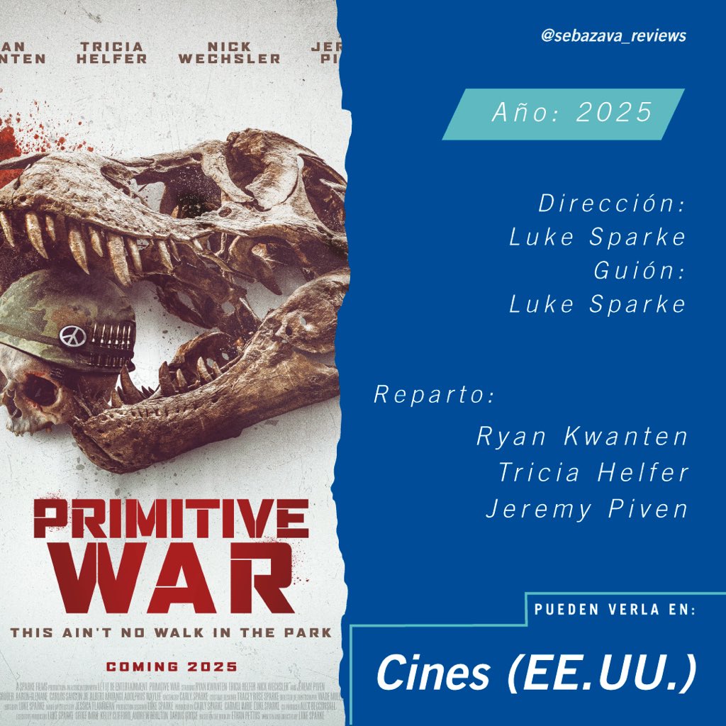 sebazavareviews's tweet image. “Una experiencia tensa, sangrienta y llena de acción.”
Entren a @MGustaElCine para leer mi crítica de @primitivewar, una sorprendente película indie de dinosaurios.
AQUÍ ➡️ tinyurl.com/PrimWarMGC

#PrimitiveWar #LukeSparke #MeGustaElCine