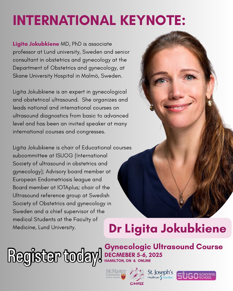 We are thrilled to announce Dr Ligita Jokubkiene as the internal guest lecturer at the next Gynecologic Ultrasound Course - December 5-6. 

Visit cmas.ca/gyne-ultrasound for details and to register.