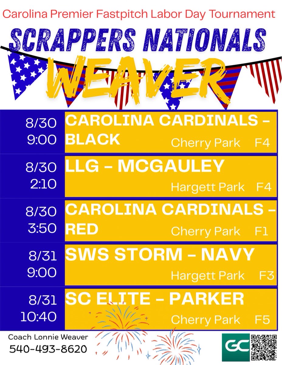 Here is our Weaver teams schedule for this weekend's <a href="/PGFnetwork/">PGF</a> Carolina Premier tourney in Rock Hill, SC! <a href="/MadysenMcC/">Madysen McCrickard</a> <a href="/brookeweaver08/">Brooke Weaver</a> <a href="/Ciara20_/">Ciara Wright 2026</a> <a href="/AlisonHodges85/">Alison Hodges</a> <a href="/Evie28VanLiew/">Evelyn Jane Van Liew</a> <a href="/KRamrattan08/">Kaylee Ramrattan</a> <a href="/kamiwright88/">Kami Wright 2026</a> <a href="/cundiff09/">millie_cundiff09</a> <a href="/BreannaCrozier8/">Breanna Crozier</a> <a href="/ally_roberts07/">Ally Roberts 2026</a> <a href="/memegutierrez19/">Maria Gutierrez</a> <a href="/Cheyenne2551/">Cheyenne</a>