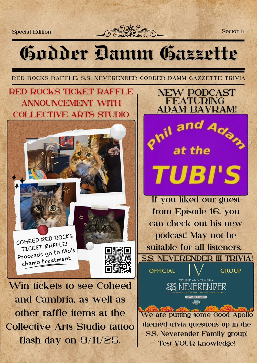 Godder Damm Gazzette (@gdgazzette) on Twitter photo Want to see @coheed at Red Rocks? Get ready for raffles happening during the tattoo flash event on 9/11/25!
Check out <a href="/undercoveropz/">denzelkirby</a>’s podcast, <a href="/atthetubis/">Phil and Adam at the Tubi’s</a>: youtube.com/@atthetubis
In the <a href="/SSNeverender/">SSNeverender</a> Family Facebook group? We post trivia 4x a week! facebook.com/share/g/19btgg… Want to see @coheed at Red Rocks? Get ready for raffles happening during the tattoo flash event on 9/11/25!
Check out <a href="/undercoveropz/">denzelkirby</a>’s podcast, <a href="/atthetubis/">Phil and Adam at the Tubi’s</a>: youtube.com/@atthetubis
In the <a href="/SSNeverender/">SSNeverender</a> Family Facebook group? We post trivia 4x a week! facebook.com/share/g/19btgg…