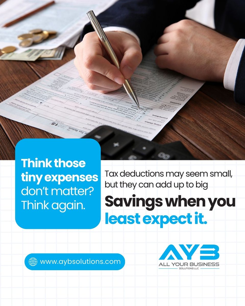 AYBSolutions's tweet image. Your financial health is in the details

Don&apos;t let those small expenses go unnoticed! Our expert team provides comprehensive tax preparation and bookkeeping services to ensure you get every deduction you deserve. Let us help you maximize your return.

#taxdeductions #aybsolutions