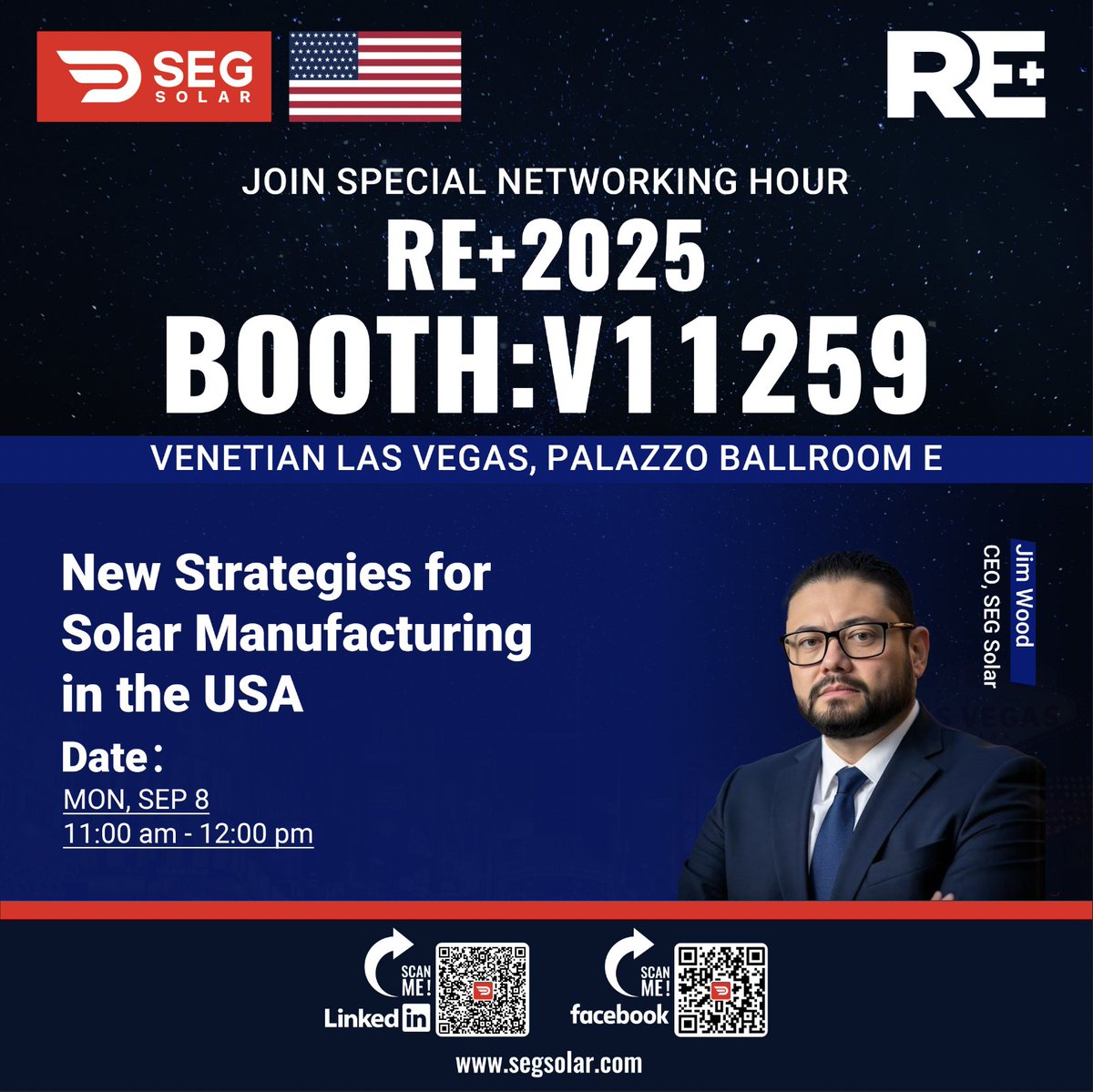 Excited to join the 2nd Solar Made in the USA Conference at #RE2025! 🌞
📌 Panel: New Strategies for Solar Manufacturing in the USA
🗓️ Mon, Sept 8 | ⏰ 11AM–12PM
📍 Venetian Las Vegas, Palazzo Ballroom E
#SEGsolar #CleanEnergy #SolarManufacturing