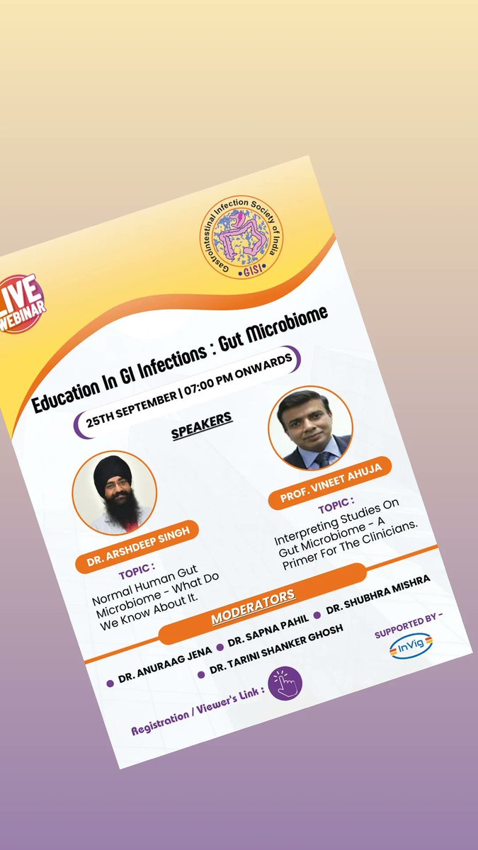 Understanding the complexities of human gut microbiome. 

Join experts Dr Arshdeep Singh and Prof Vineet Ahuja as they talk about normal gut microbiome and interpreting microbiome studies 

⏭️ Register here 

streamgo.in/gisiwebinar/