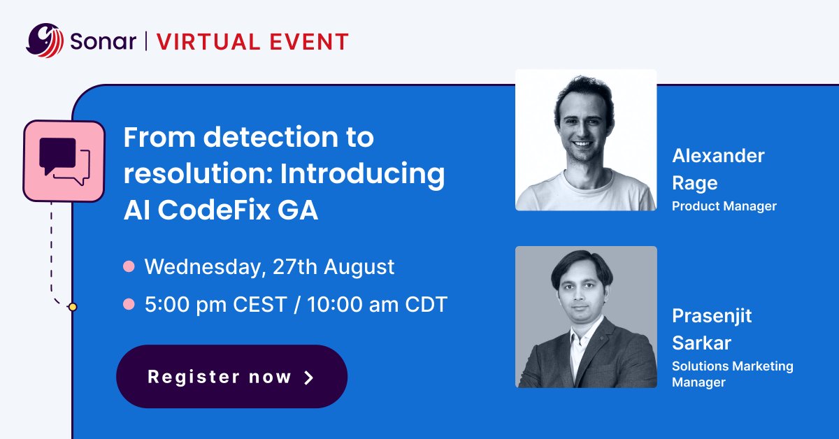 SonarSource's tweet image. Tired of manual bug fixes? 🐛

Automate with Sonar's AI CodeFix! Get precise code fixes instantly, right in your workflow. 🤖✨

Join our webinar this Wednesday to see it in action: bit.ly/4oq9J24

#CodeQuality #CodeSecurity #TechWebinar #AICodeFix
