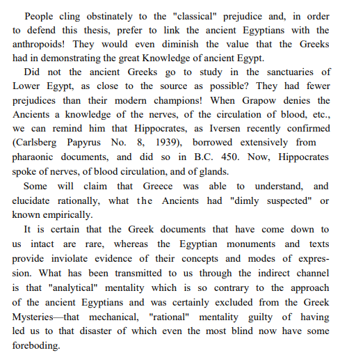 Lubicz discovered that the proportions of the human skeleton mapped perfectly onto the Temple of Luxor, which he claims is an internally referential system, a living architectural metaphor, that discloses the physiological process of spiritual liberation.