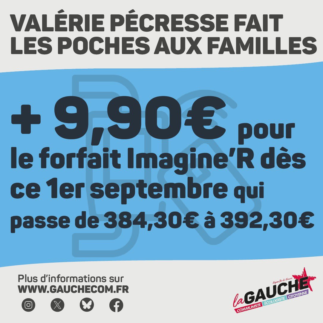 ⚠️ MAUVAISE SURPRISE DE LA RENTRÉE ⚠️

Nouvelle hausse du forfait Imagine R dès le 1er septembre 2025 !

↗️ Plus 9,90€ ce qui porte le coût annuel à 392,30€

Une hausse décidée par Valérie Pécresse… et ce n’est pas fini !

🧶 THREAD