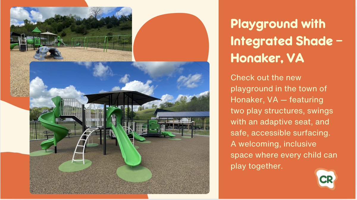 🌟 Honaker, VA's new playground has two structures, adaptive swings, and safe surfacing — a welcoming space for all kids! Take a closer look 👉 cunninghamrec.com/gallery/inclus… #InclusivePlay #PlaygroundsForAll #CunninghamRecreation #HonakerVA