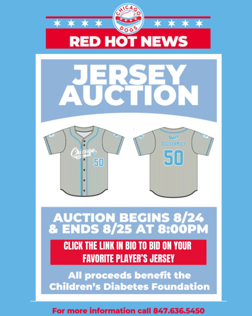 ⚾️ Last chance! <a href="/TheChicagoDogs/">Chicago Dogs</a> Dogs Family jersey auction ends tonight at 8 p.m. CT. Proceeds benefit the Children’s Diabetes Foundation. Jerseys can even be signed by the players!

👉 Bid now: 32auctions.com/ChicagoDogsJer… 

#ChicagoDogs #CDF #JerseyAuction