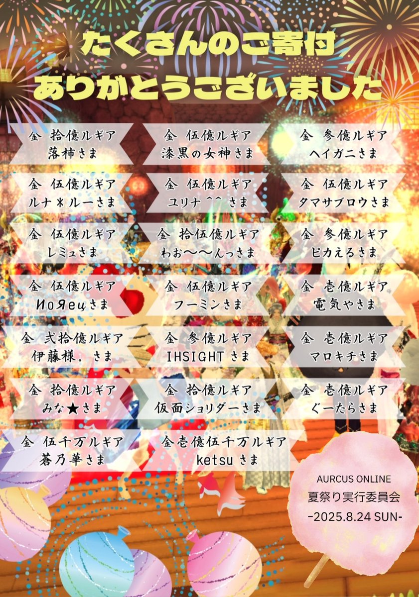 ssssarrrrrasara's tweet photo. 今年も、夏まつりの寄付者紹介のポスターが完成しましたので、私のほうからポストさせていただきます‹\(´ω` )/›🎆

想像以上にたくさんのご寄付を、本当にありがとうございました！！🥹✨

来年も開催することがあれば……？？また、ギルメンやフレンドなどと一緒に遊びに来てください✨٩(ˊωˋ*)و ೨*˚ https://t.co/Fu3ypo5Nk4