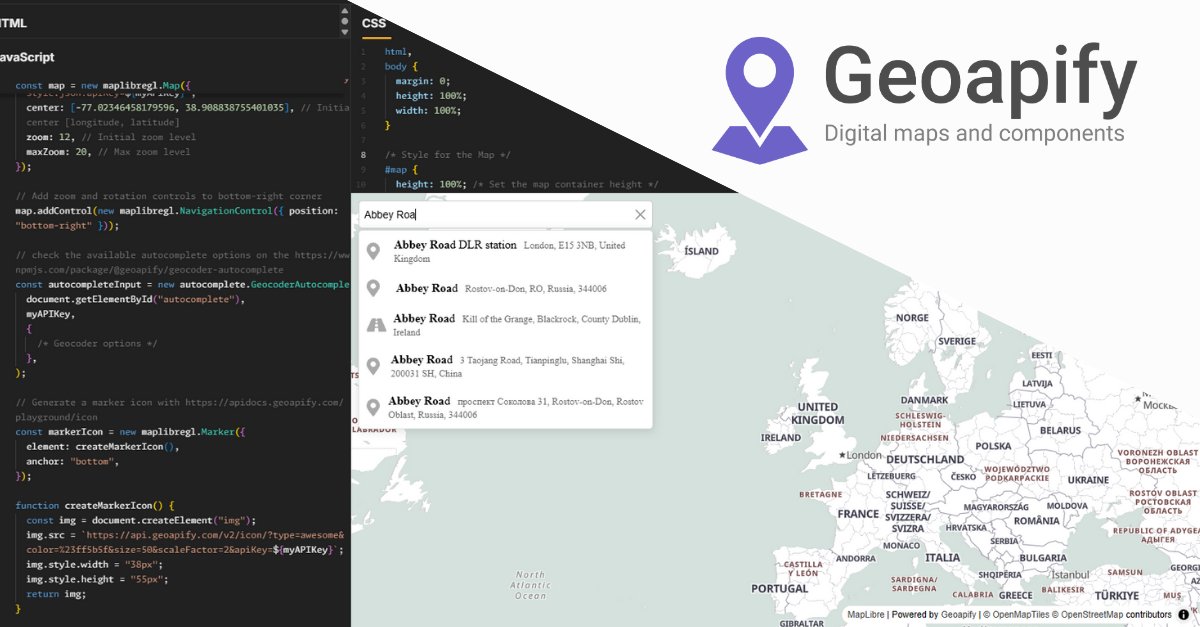 geoapify's tweet image. Map + address input in one demo 🗺️⌨️
Autocomplete: text → address suggestions and coordinates
Reverse geocoding: map click → address
Built with MapLibre GL + Geoapify API.
👉 jsfiddle.net/Geoapify/sf3hp…
#Geocoding #Geoapify #MapLibreGL #WebDev #JavaScript