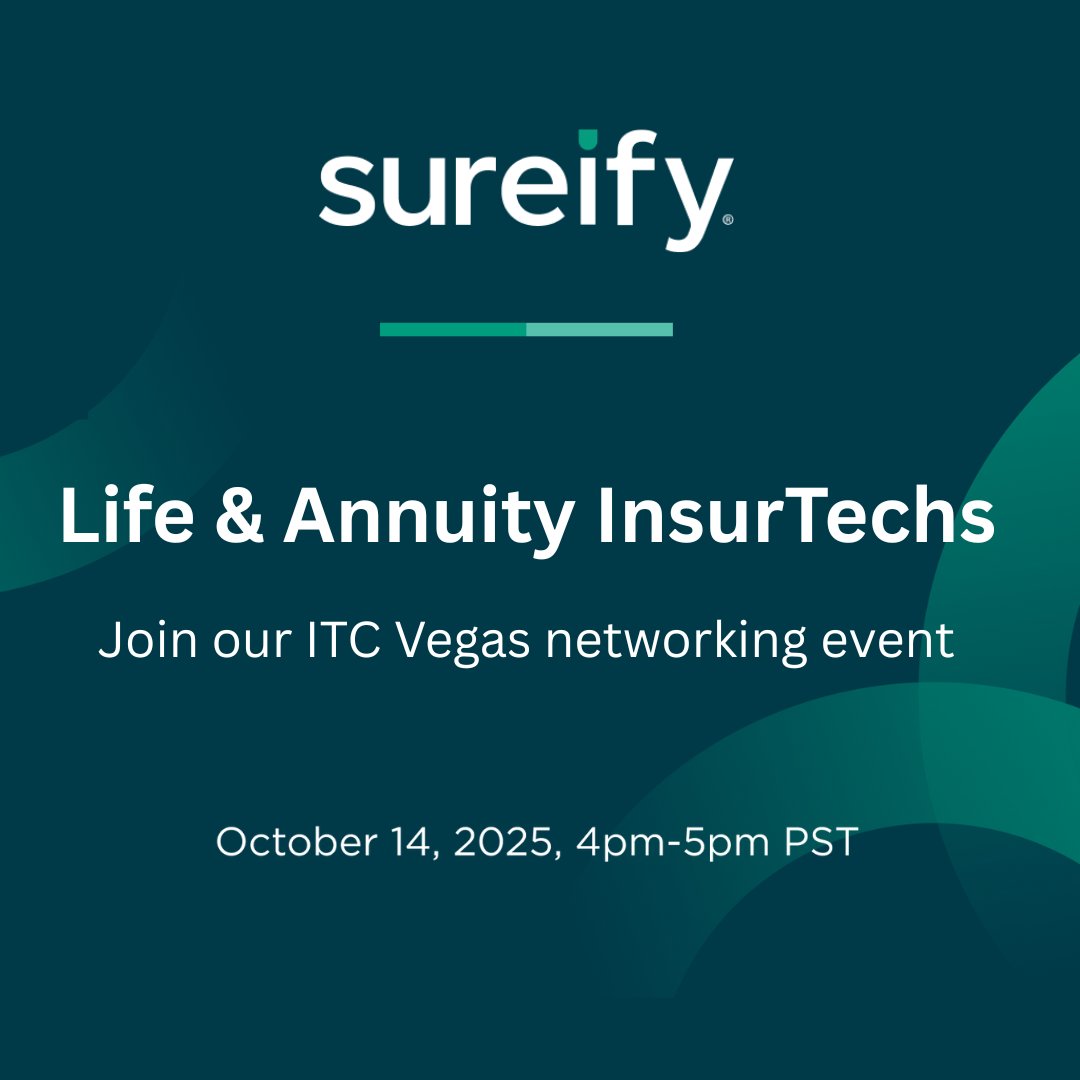 Sureify (@sureify) on Twitter photo Life & Annuity InsurTechs!!
Sureify is seeking InsurTechs for our life & annuity networking event at ITC Vegas. Brand participants will be provided a small exhibit space.
There is no cost to participate. For more info, contact us at info@sureify.com Life & Annuity InsurTechs!!
Sureify is seeking InsurTechs for our life & annuity networking event at ITC Vegas. Brand participants will be provided a small exhibit space.
There is no cost to participate. For more info, contact us at info@sureify.com
