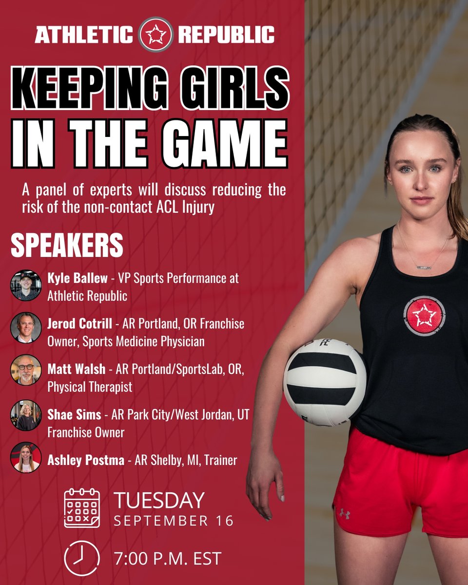 Female athletes are at a higher risk of non-contact ACL injuries, but that risk can be reduced.

Join us Sept. 16 at 7 PM EST for "Keeping Girls in the Game", a FREE webinar hosted by Athletic Republic.

We’re covering what causes ACL injuries, how to reduce the risk, and what