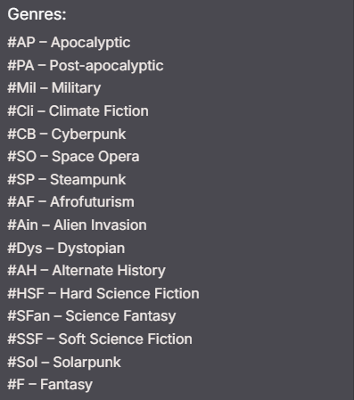 The Rules and Tags!

Please, no AI materials or manuscripts for this event.
If you can think of a genre we missed, please let us know!
You can pitch from 12:00AM EST to 11:59PM EST
You are welcome to pitch once per hour, but not more than 3x for the same project, please.