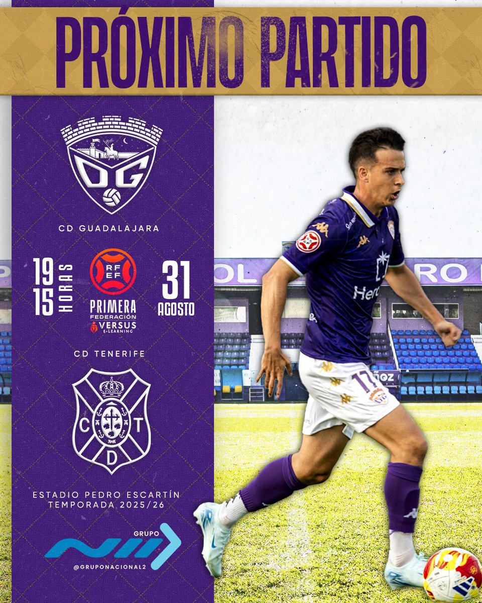 ❗PRÓXIMO PARTIDO

 🏆 #1RFEF | GRUPO 1 | JORNADA 1
🆚  <a href="/CDTOficial/">CD Tenerife 🏴󠁧󠁢󠁳󠁣󠁴󠁿</a> 
 
🏟️ Pedro Escartín
📍 Guadalajara

📆 Domingo, 31 de agosto
⏰ 19:15h
📺@laligaplus

🎟️Entradas⬇️

🤝 Afición visitante y general: 15€
📲 Adquiere tu entrada online: …ortivoguadalajara.compralaentrada.com

Joven (2019-2008):