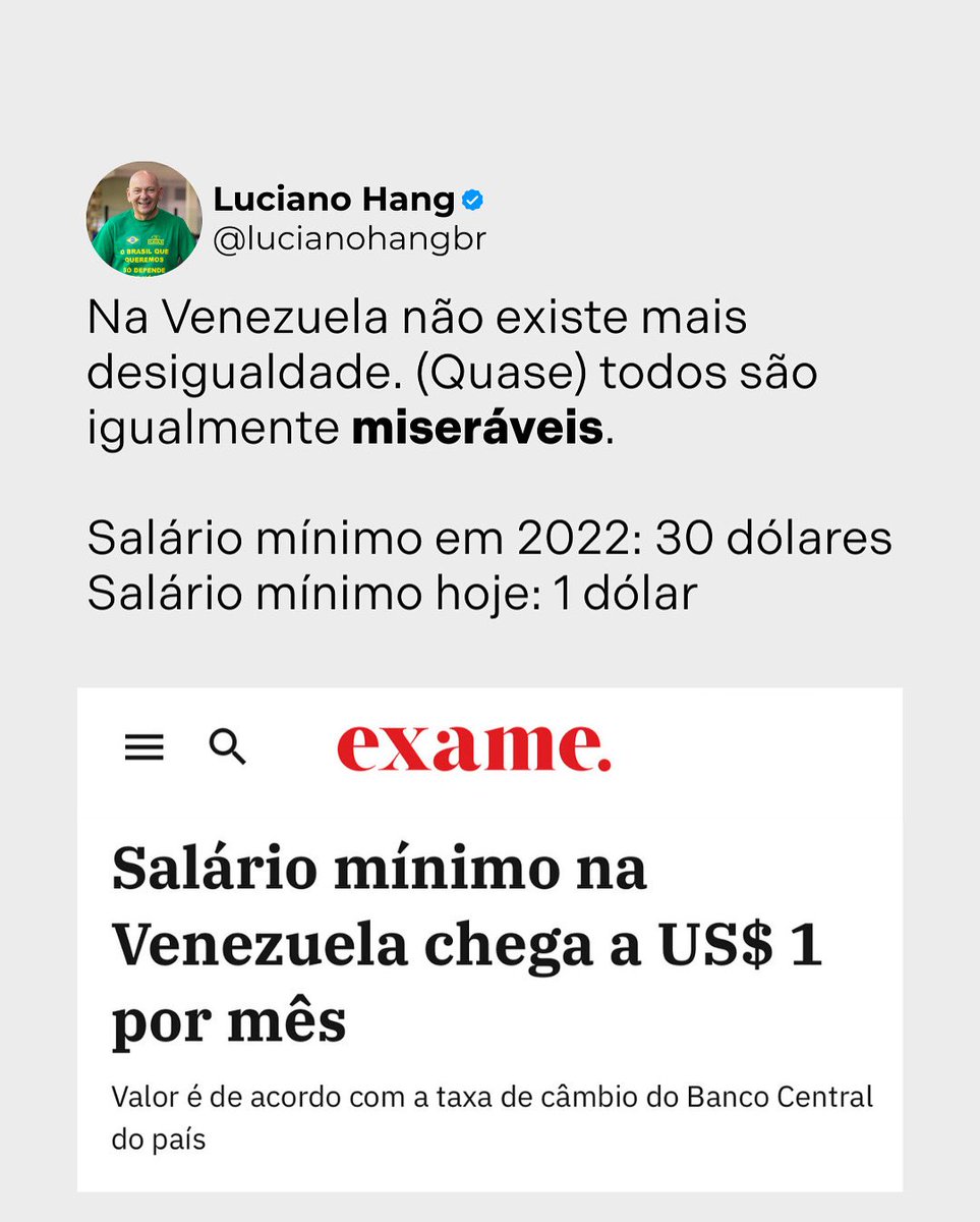Olha só que absurdo!

Compartilho com vocês uma matéria da <a href="/exame/">exame</a> que mostra a realidade da Venezuela. Lá não existe desigualdade, (quase) todos vivem na mesma condição de pobreza.

O salário mínimo despencou para apenas 1 dólar por mês (cerca de 130 bolívares, segundo a cotação