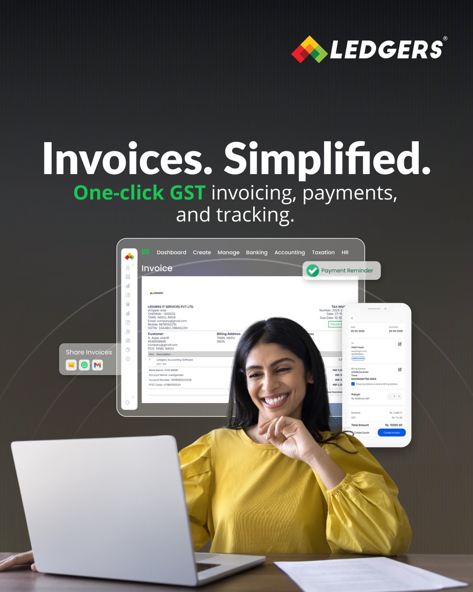 Stop letting invoices and payments hold you back. With LEDGERS, create, send, and track GST-compliant invoices in one click, so your focus stays on growth, not reminders.

👉 Invoice smarter with LEDGERS today.
🌐 Visit ledgers.cloud to get started.

#LEDGERS #Invoice