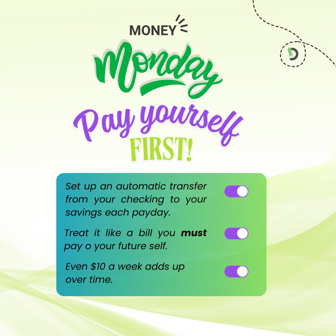 DemocracyFCU's tweet photo. #MoneyMonday 💡
Pay your future self first.
Auto-transfer even $10/week from checking → savings.
#SmartMoneyMoves #FinancialFreedom https://t.co/QmlECcixUi