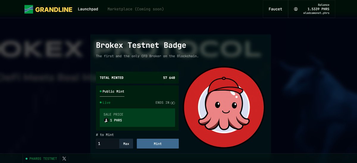 Mamy kolejny mincik na <a href="/pharos_network/">Pharos | Testnet Live</a> 

Tym razem #NFT do wymintowania by Brokex 

Link 👇
app.grandline.world/launchpad/mint…

Koszt oczywiście nie zmiennie ten sam 😉

Lecimy po 1k followersów, dlatego zostaw follow oraz retweet mordeczko!❤️

#pharosnetwork