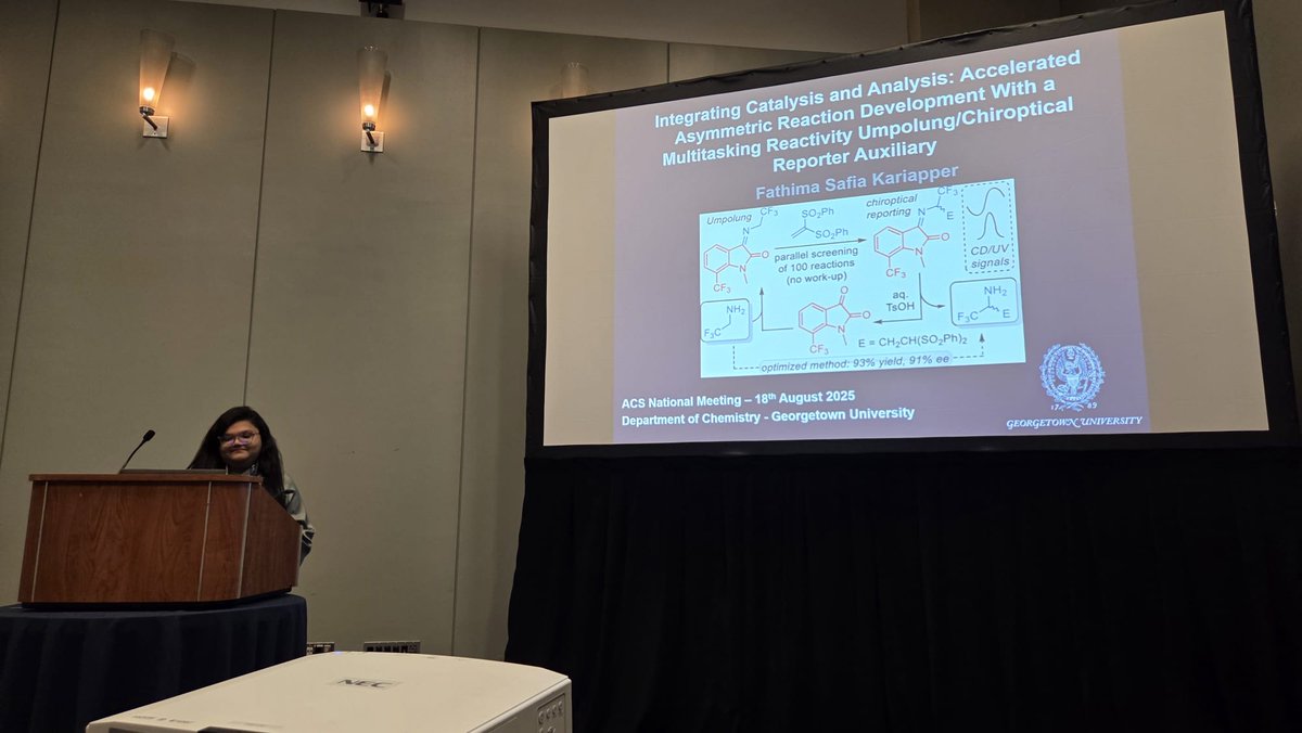 Wolf Lab (@thewolfpackgu) on Twitter photo Safia presented her research at #ACSFall2025 on integrated catalysis & analysis for accelerated asymmetric reaction development using a multitasking umpolung/chiroptical reporter.
An exciting step forward in methodology & sensing! 👏🧪
#acsfall2025 #ACS Safia presented her research at #ACSFall2025 on integrated catalysis & analysis for accelerated asymmetric reaction development using a multitasking umpolung/chiroptical reporter.
An exciting step forward in methodology & sensing! 👏🧪
#acsfall2025 #ACS