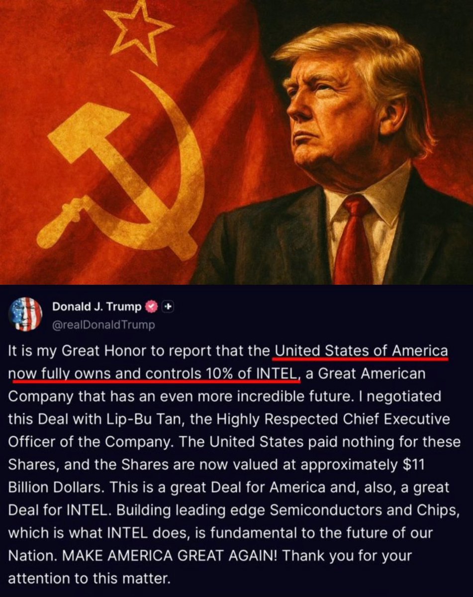 The Republican Party is morphing into the new Communist Party.

Trump is openly bragging that the U.S. government has nationalized part of a major private company and that they will be making similar deals “all day long” — and Republicans are cheering.

Think about it: the party