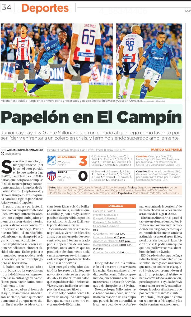 Mauricio Andrés Luna Aroztegüi (@mauricioandrsl6) on Twitter photo #FPC Respondo al pedido de algunos hinchas de <a href="/MillosFCoficial/">Millonarios FC</a>.
El reportaje publicado ayer en 🗞️ <a href="/elheraldoco/">EL HERALDO</a> —escrito por el crack <a href="/wigoSports/">William González Badillo ⚽️🇨🇴</a>— del triunfo azul 3-0 el sabado ante el 🦈 #FPC Respondo al pedido de algunos hinchas de <a href="/MillosFCoficial/">Millonarios FC</a>.
El reportaje publicado ayer en 🗞️ <a href="/elheraldoco/">EL HERALDO</a> —escrito por el crack <a href="/wigoSports/">William González Badillo ⚽️🇨🇴</a>— del triunfo azul 3-0 el sabado ante el 🦈