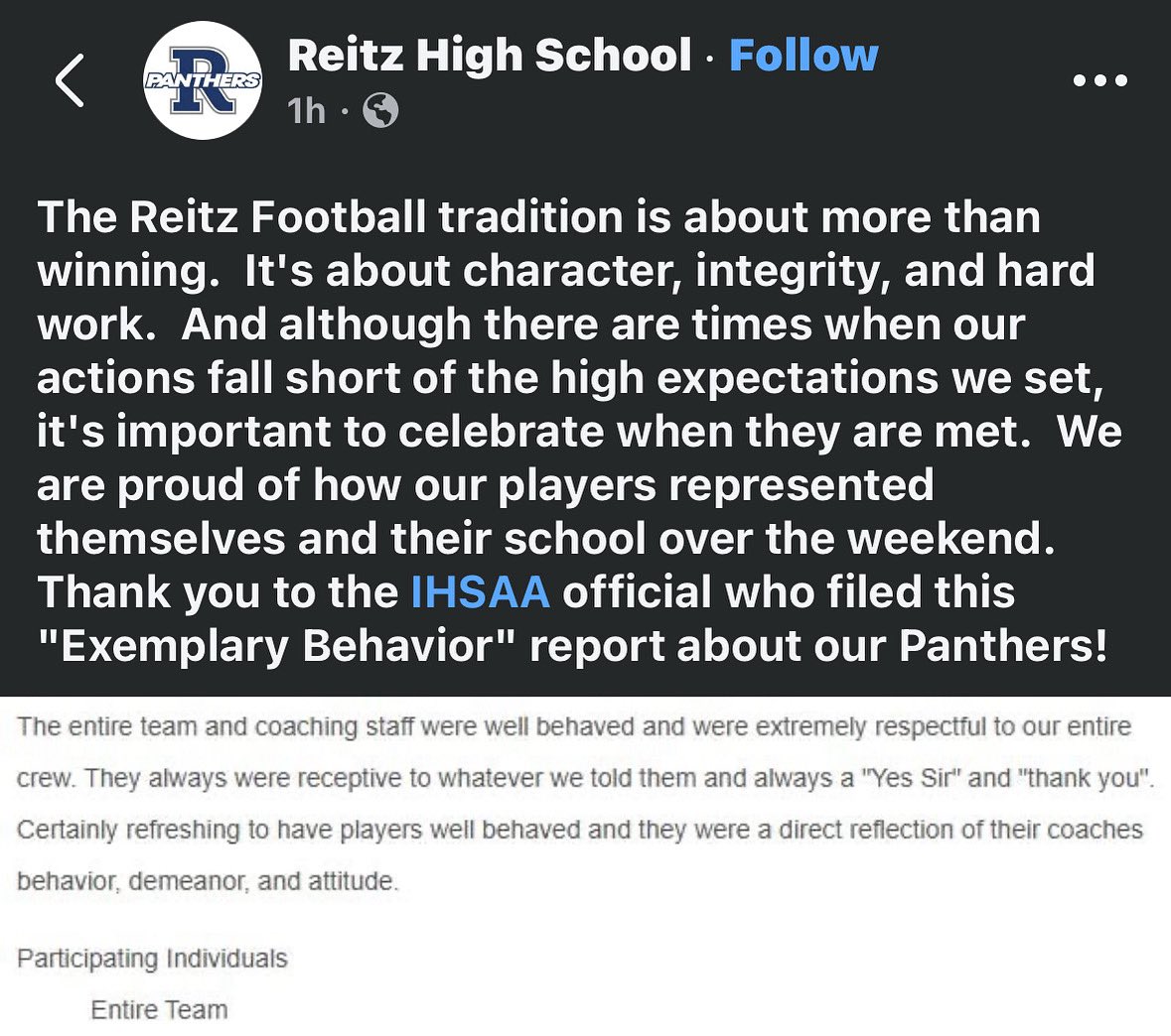 We are proud of the way our coaches and players represented Reitz! #SetRstandard #PantherPride🐾🏈
