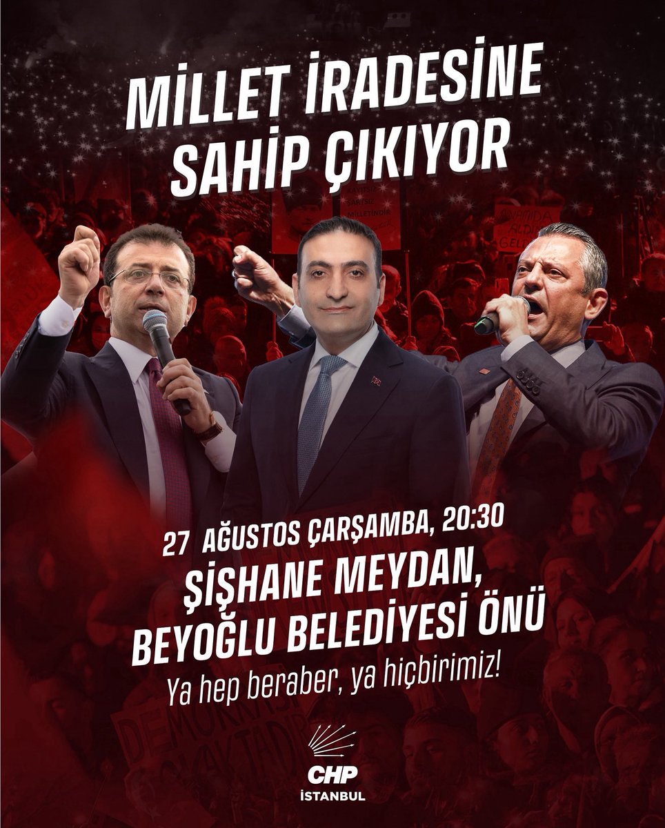 Beyoğlu'muzun hakkı, Türkiye’mizin demokrasi ve adaleti size emanet.

Zindanlardan ve meydanlardan yükselen ortak sesimiz ile duvarları aşacağız.

Tüm komşularımı, ülkesini seven vicdanlı vatandaşlarımızı millet iradesine sahip çıkmaya davet ediyorum.

📍Şişhane Meydan, Beyoğlu