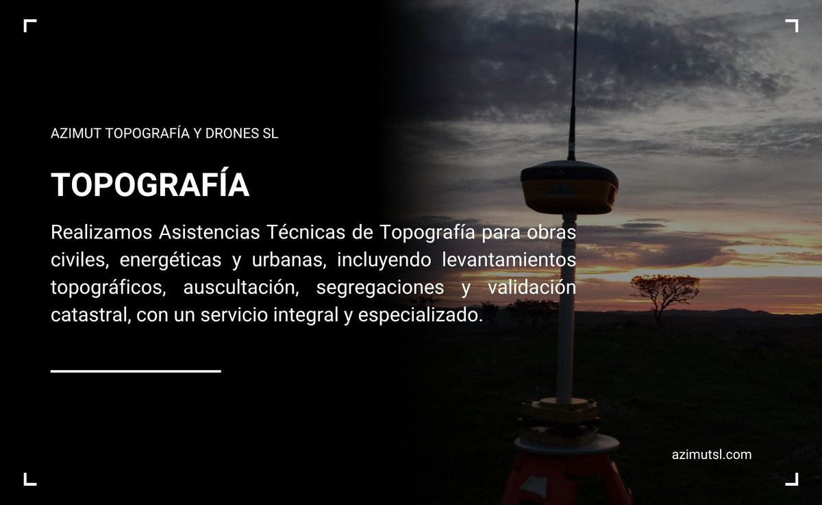 Servicio de topografia, Realizamos Asistencias Técnicas de Topografía para obras fotovoltaicas, termosolares, infraestructuras y edificación, además de levantamientos urbanos/rústicos, auscultación y validación catastral. Servicio integral y experto..
✉️ info@azimutsl.com