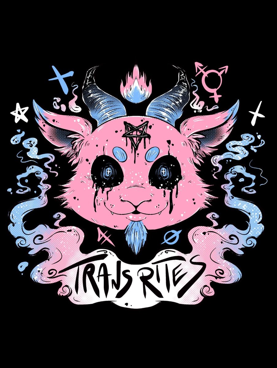 Final rendition of my ✨Trans Rites✨design

This version will be going on t-shirts and crop tops! Should have stock in a couple of weeks, sticker version too and then patches further down the line 😈🎉

#transrights #transbaphomet #transpride  #baphomet #transmascartist