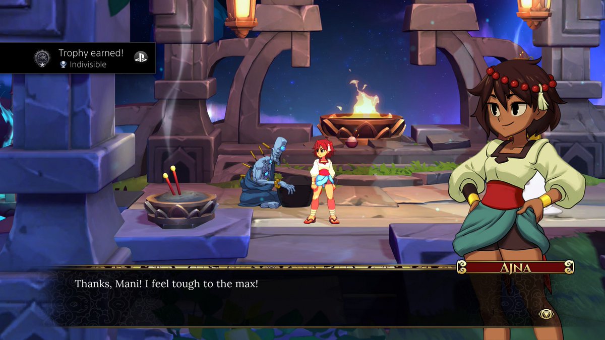 ayoubawaji7's tweet photo. Indivisible #PlatinumTrophy 1️⃣4️⃣3️⃣🏆
Time 🕘: 21 hours
Fun 😍: 8/10
Difficulty: 4/10
Rate: 8/10
A unique and enjoyable game that blends platforming, role-playing, and Metroidvania elements, featuring beautiful visuals.
#IndivisibleGame #PS4
#TrophyHunter #Playstation https://t.co/UkuoGNlOFB