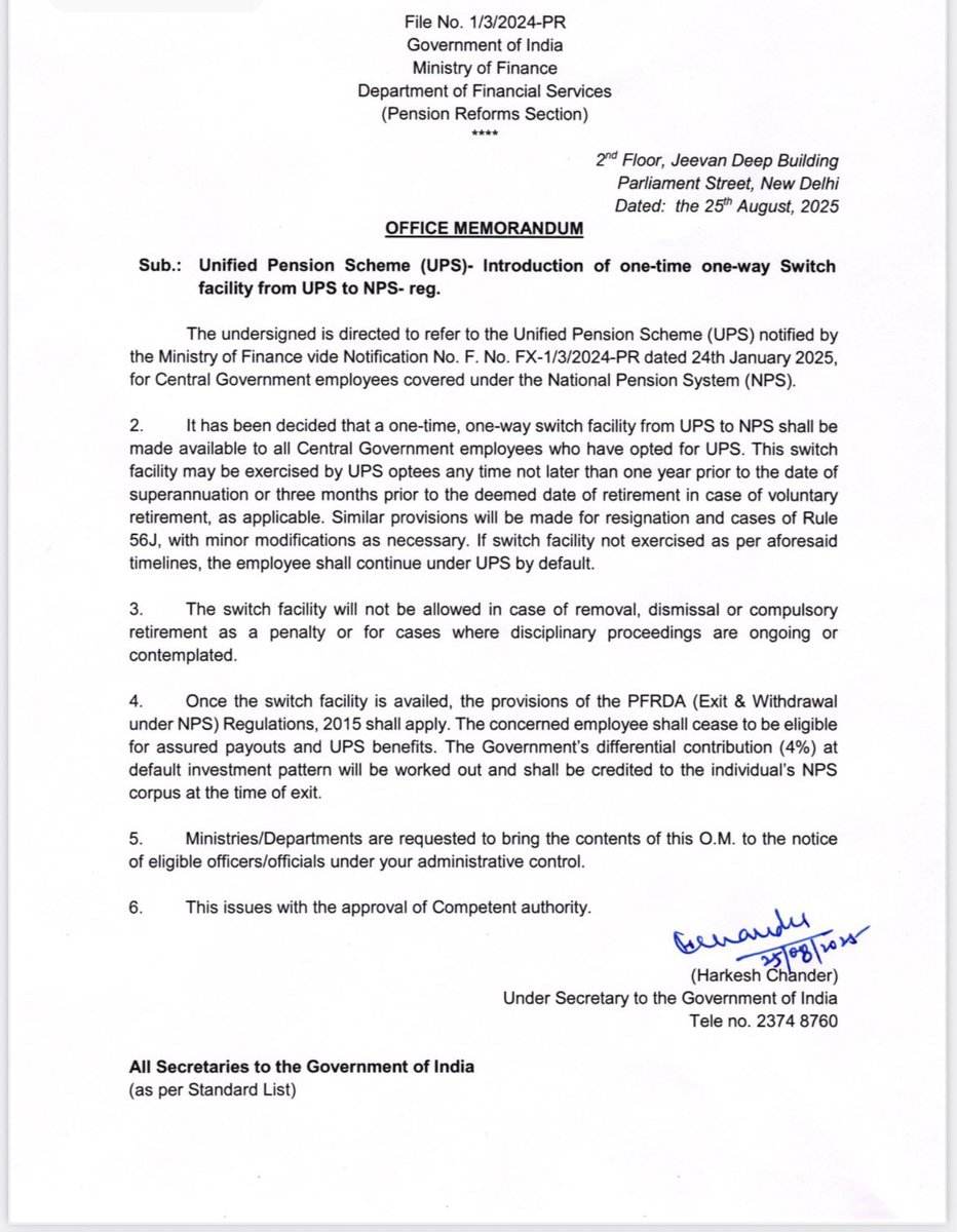 PFRDAOfficial's tweet image. Important Update for Central Government Employees! 

Government has now introduced one-time, one-way switch facility from #UnifiedPensionScheme (UPS) to National Pension System (NPS). Central government employees can switch to the UPS before September 30, 2025, for assured…