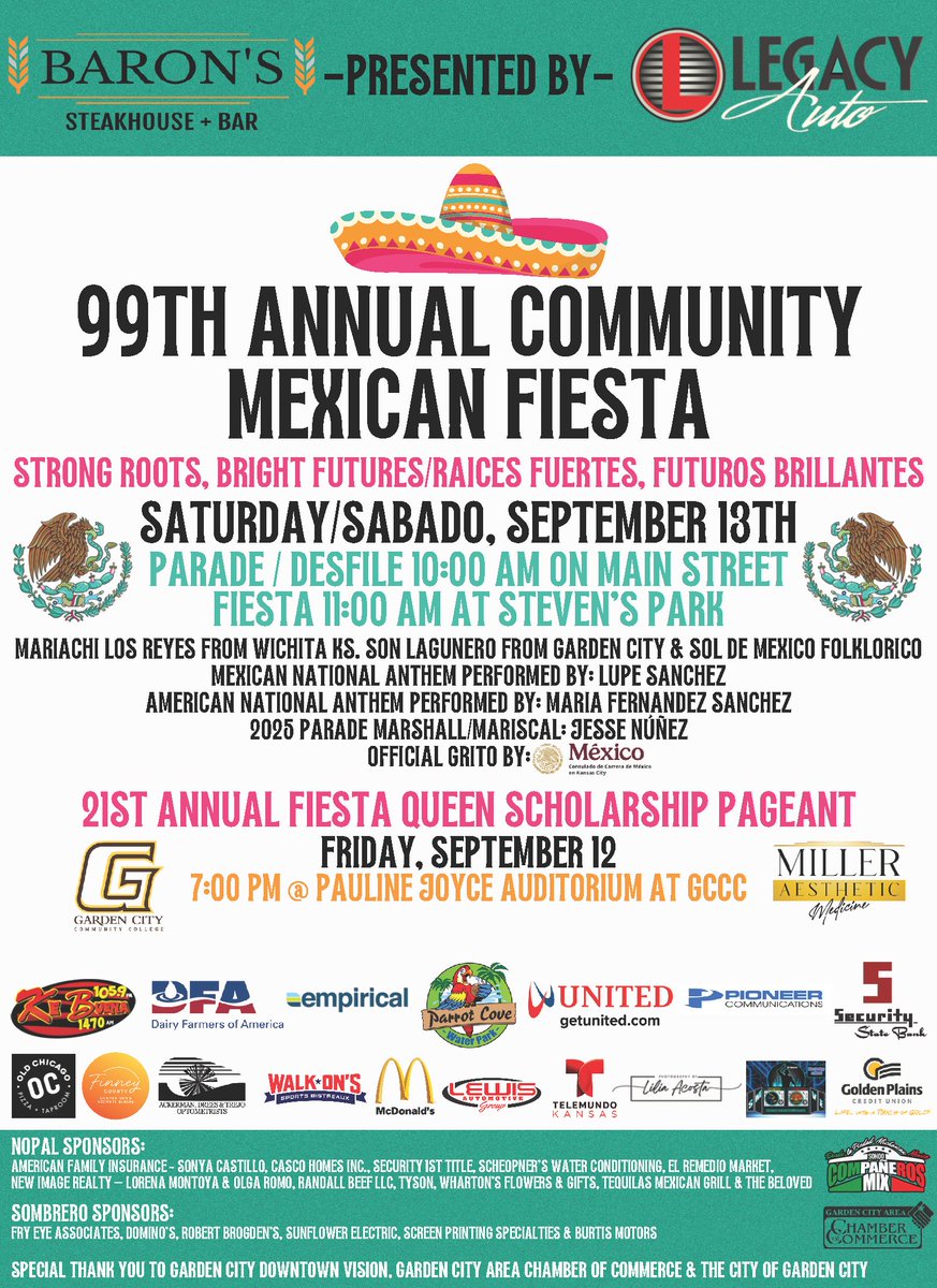 🌟 GCCC is proud to support the 99th Annual Community Mexican Fiesta!

🟡Don't miss the 21st Annual Fiesta Queen Scholarship Pageant on Fri, Sept 12, at 7:00 PM in the KCB Bank Auditorium inside the Pauline Joyce Fine Arts Bldg at GCCC 👑

➡️Learn more at: gcfiesta.com