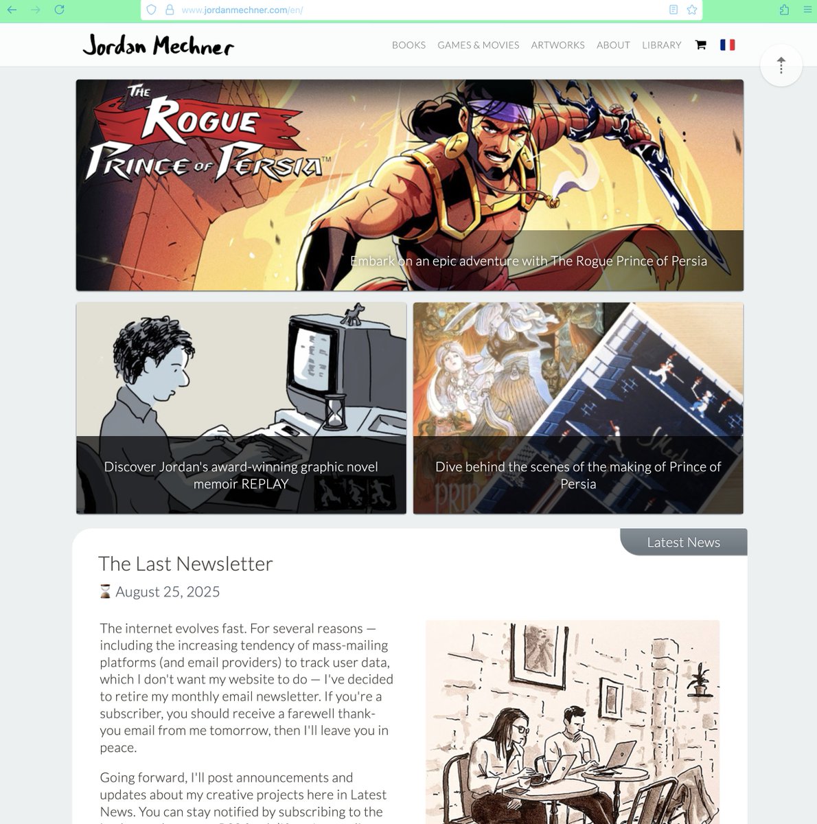 Today, I'm retiring my email newsletter and doubling down on RSS. Some call this 1990s news format old-fashioned; I say it's the future.
My blog post at jordanmechner.com explains why.
Drop me a comment to say if you (A) agree, (B) disagree, (C) What the heck is RSS?