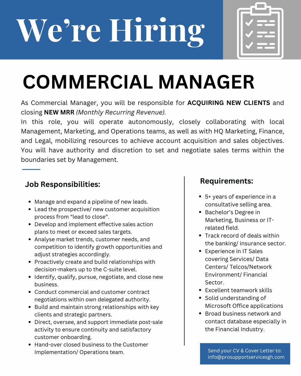 Vacancy
COMMERCIAL MANAGER -
As Commercial Manager, you will be responsible for ACQUIRING NEW CLIENTS and closing NEW MRR. In this role, you will operate autonomously, closely collaborating with local Management, Marketing, and Operations teams. #jobsearch #accra #chalewote2025