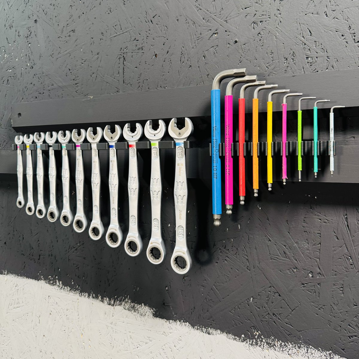 French Cleats are often ugly. IMHO because of the contrast between cleats and wall. I’m making a French Cleat tool wall prototype for the studio and I think it really helps painting the cleats into the wall, and matching the tool holders as well.