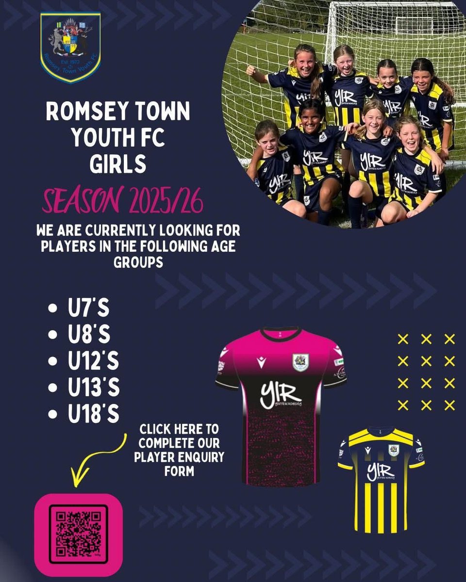 Romsey Town Youth Girls

Looking for your Daughter , Granddaughter , Neice or Sister to get involved in football. 

We still have places with these current teams for 25/26 season 

U10 &amp; U8 💙💛

Any information needed please feel free to get in touch ⚽️