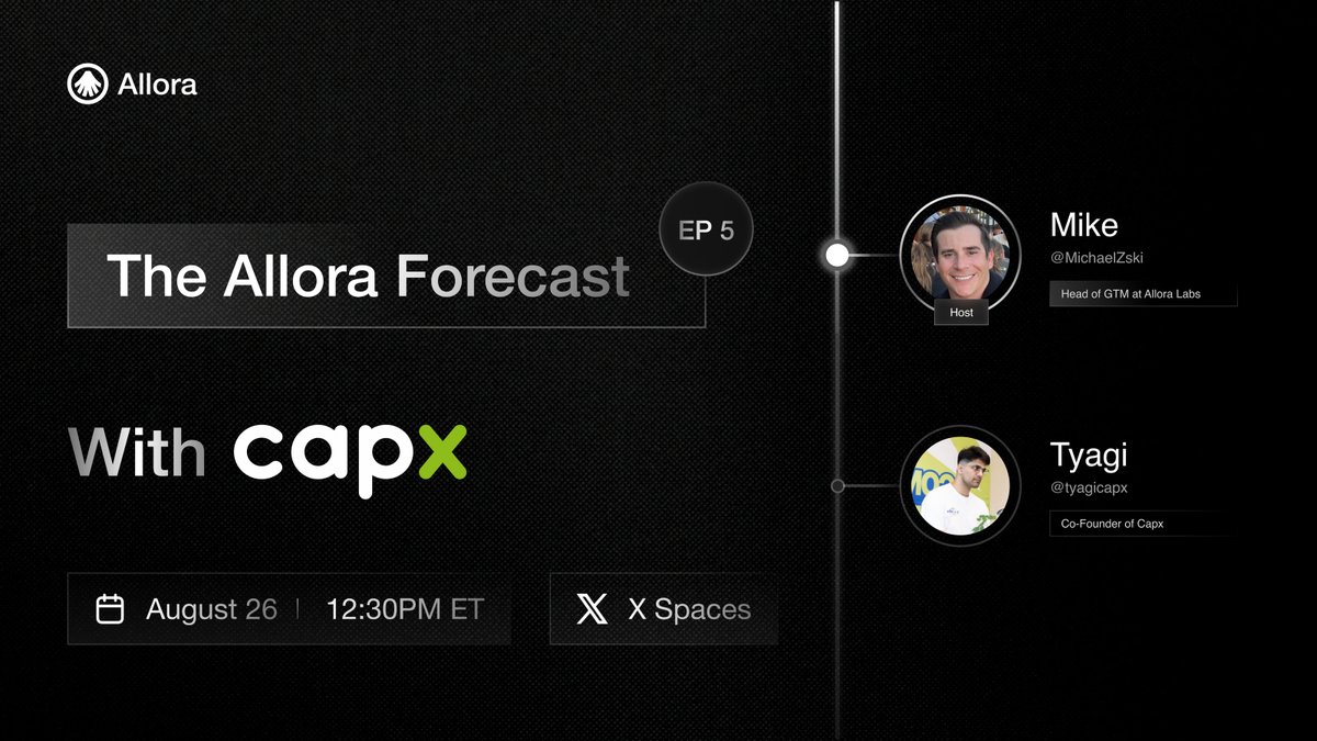 Allora (@alloranetwork) on Twitter photo In EP 5 of The Allora Forecast, <a href="/MichaelZski/">Mike Zski</a> from <a href="/AlloraLabsHQ/">Allora Labs</a> sits down with <a href="/tyagicapx/">tyagi / capx.ai</a>, Co-founder of <a href="/0xCapx/">Capx AI</a>, to explore how Allora and Capx are advancing the AI agent economy through intelligence and infrastructure.
Live Tuesday, August 26 at 12:30PM ET.
Set a reminder π In EP 5 of The Allora Forecast, <a href="/MichaelZski/">Mike Zski</a> from <a href="/AlloraLabsHQ/">Allora Labs</a> sits down with <a href="/tyagicapx/">tyagi / capx.ai</a>, Co-founder of <a href="/0xCapx/">Capx AI</a>, to explore how Allora and Capx are advancing the AI agent economy through intelligence and infrastructure.
Live Tuesday, August 26 at 12:30PM ET.
Set a reminder π