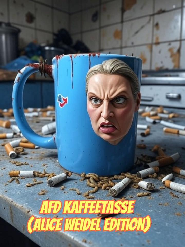 Suzimiya's tweet image. Karl Krawall #Fb schrieb

#Bildbeschreibung:
AFD KAFFEETASSE (ALICE WEIDEL EDITION)