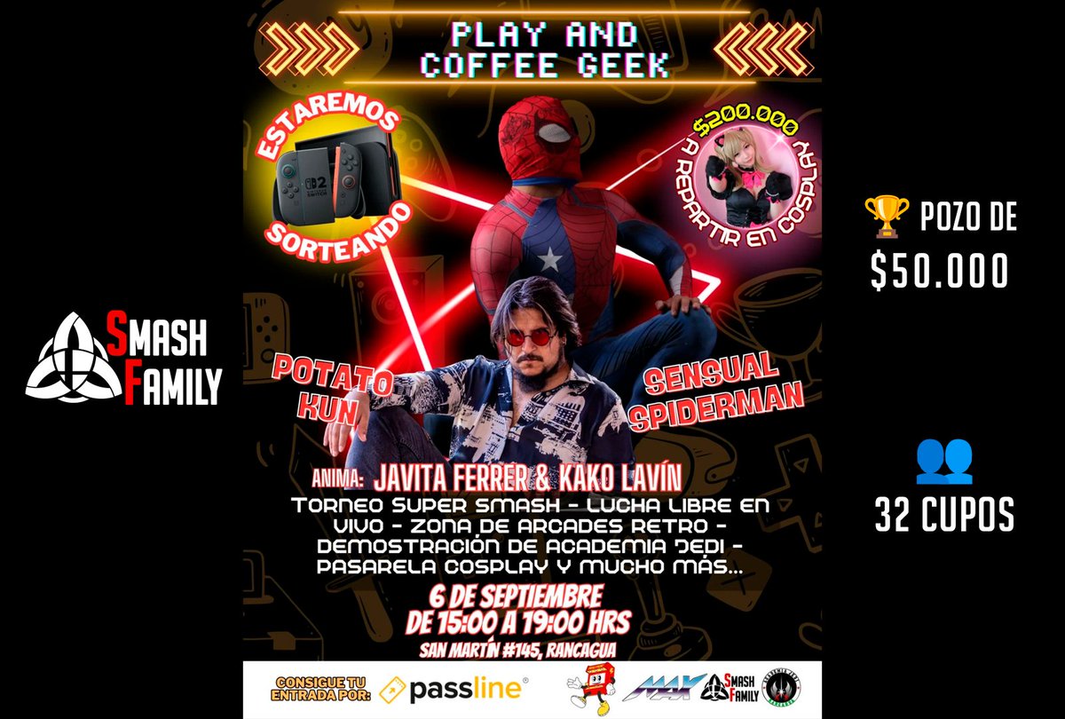 [Colaboración] 6 de Sept.
🎉Revivamos juntos la escena geek con este tremendo evento familiar que preparamos para ti.
Prepárate para una jornada épica con: 
🕹 Torneo Smash
🤼‍♂️ Lucha libre en vivo 
🚀 Exhibición Star Wars 
🕹 Zona de arcades 
🎭 Pasarela cosplay 
🎁 Y mucho más...