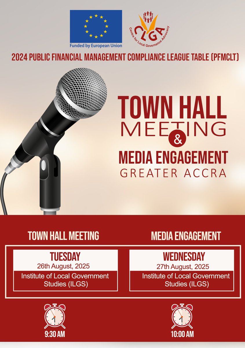 The town hall tour has been🔥 From Tamale to Kintampo, and now Accra, we're bringing the conversation to YOU! Join us TOMORROW for an insightful discussion on the 2024 PFMCLT Stay tuned for updates on all our social media platforms! 👉 <a href="/ClgaGhana/">Centre for Local Governance Advocacy - Ghana</a>
 #StrengtheningCompliance