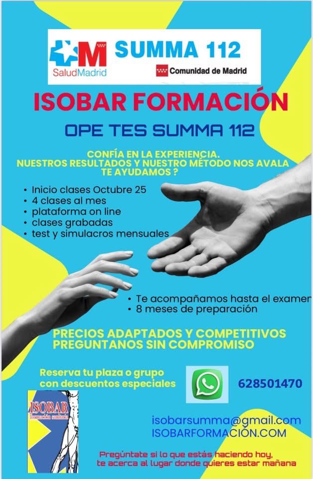 Para las plazas de TES para el SUMMA112 que están convocadas, información en el teléfono o en el mail de la imagen.