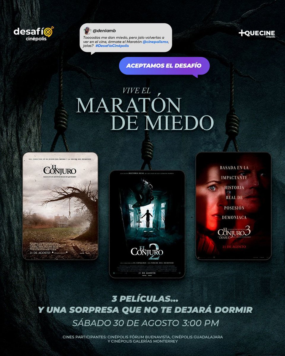 Tres historias. Una sola noche. ¡Y tú en los mejores asientos! 😱🎬 La preventa del #MaratónDelMiedo de #ElConjuro ¡ya comenzó! 😈👌 

Tu boleto incluye la entrada para las 3 pelis: 👉 bit.ly/3HRgitX
<a href="/MasQueCineLatam/">Más Que Cine Latam</a>